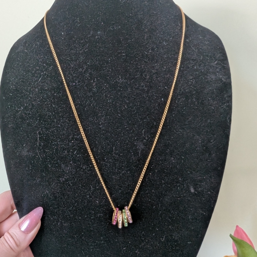 Goldtone Necklace with Multicolor Ring Pendants